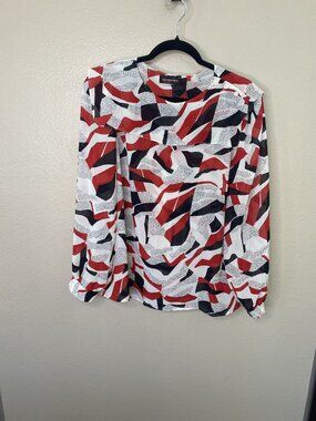 Contempo Womens Abstract Print Long Sleeve Blouse 14 Red/Black/White Polyester